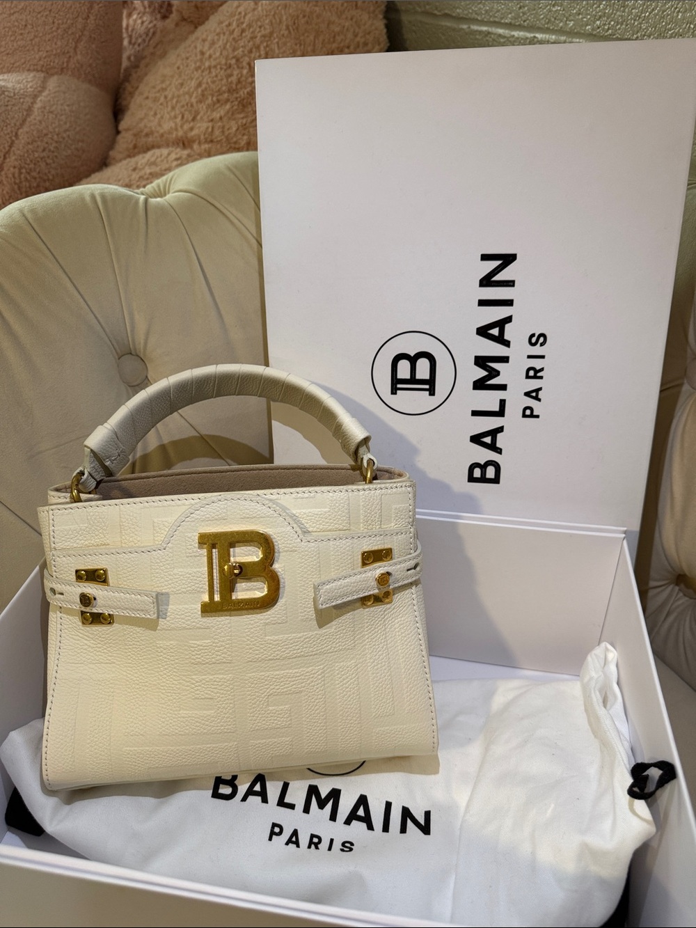 Balmain Cream Top-Handle Satchel with Gold 'B' Logo